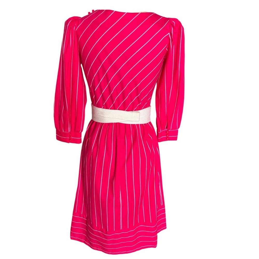 Hot Pink LGWU Midi Dress Womens Classic Union Made Pinstripe Puff Sleeve 80s USA - Picture 2 of 8